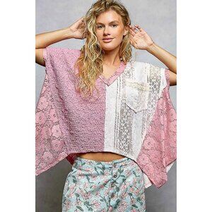 POL Asymmetrical V-Neck Short Sleeve Lace Top